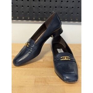 Etienne Aigner Navy Blue Leather Loafers Gold Tone Hardware Block Heel 7.5 N